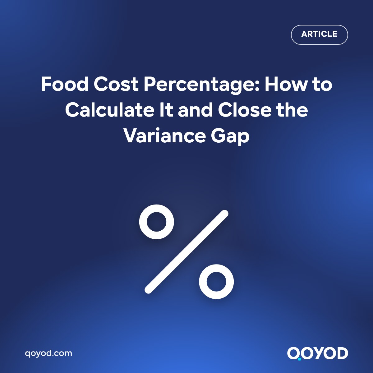 Qoyod article card with a percent-sign icon and the headline: Food Cost Percentage, How to Calculate It and Close the Variance Gap