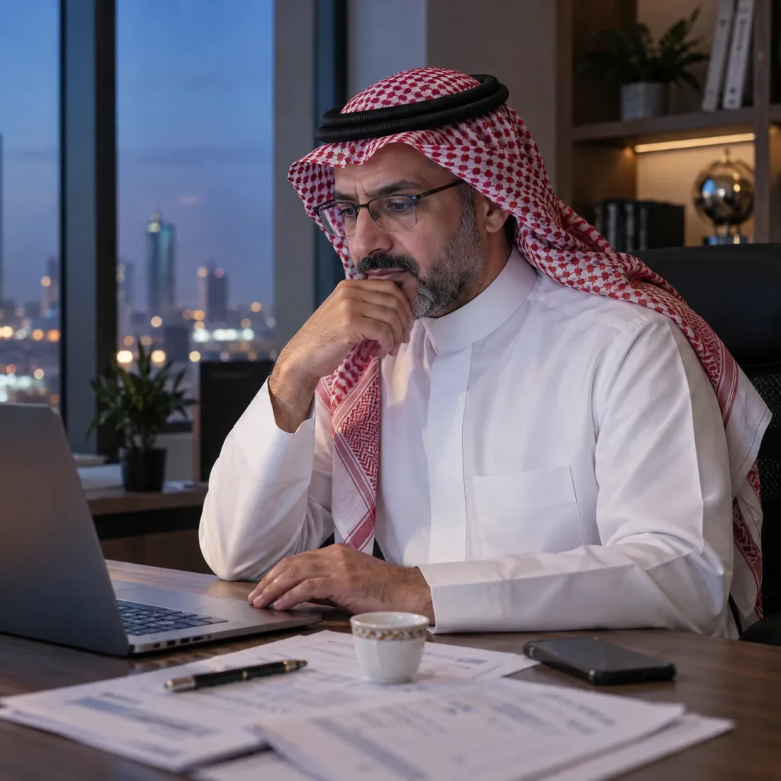 compliance owner shemagh أسهل برنامج محاسبي | قيود صاحب منشأة يراجع فواتيره على اللابتوب في مكتبه مساءً