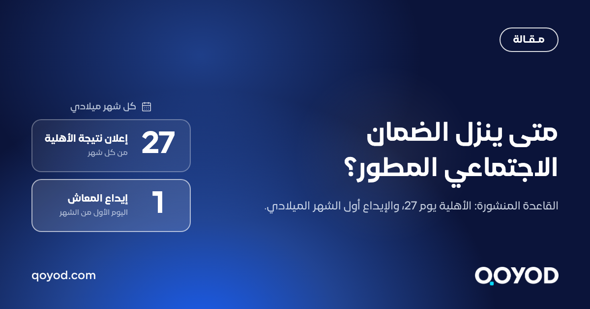بطاقة مقالة قيود: نتيجة أهلية الضمان الاجتماعي المطور تُعلن يوم 27 من كل شهر ميلادي، وإيداع المعاش في اليوم الأول من الشهر