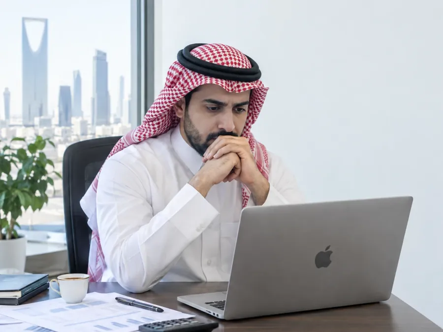 A business owner reviewing his accounts on a laptop