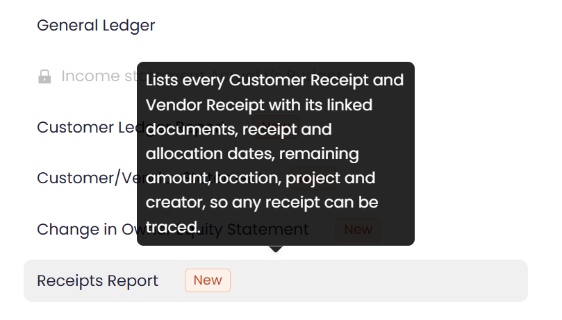 en menu Receipts Report: Every Customer and Vendor Receipt in One Report | Qoyod The Receipts Report listed under Financial Reports in Qoyod, with a short description of what it shows