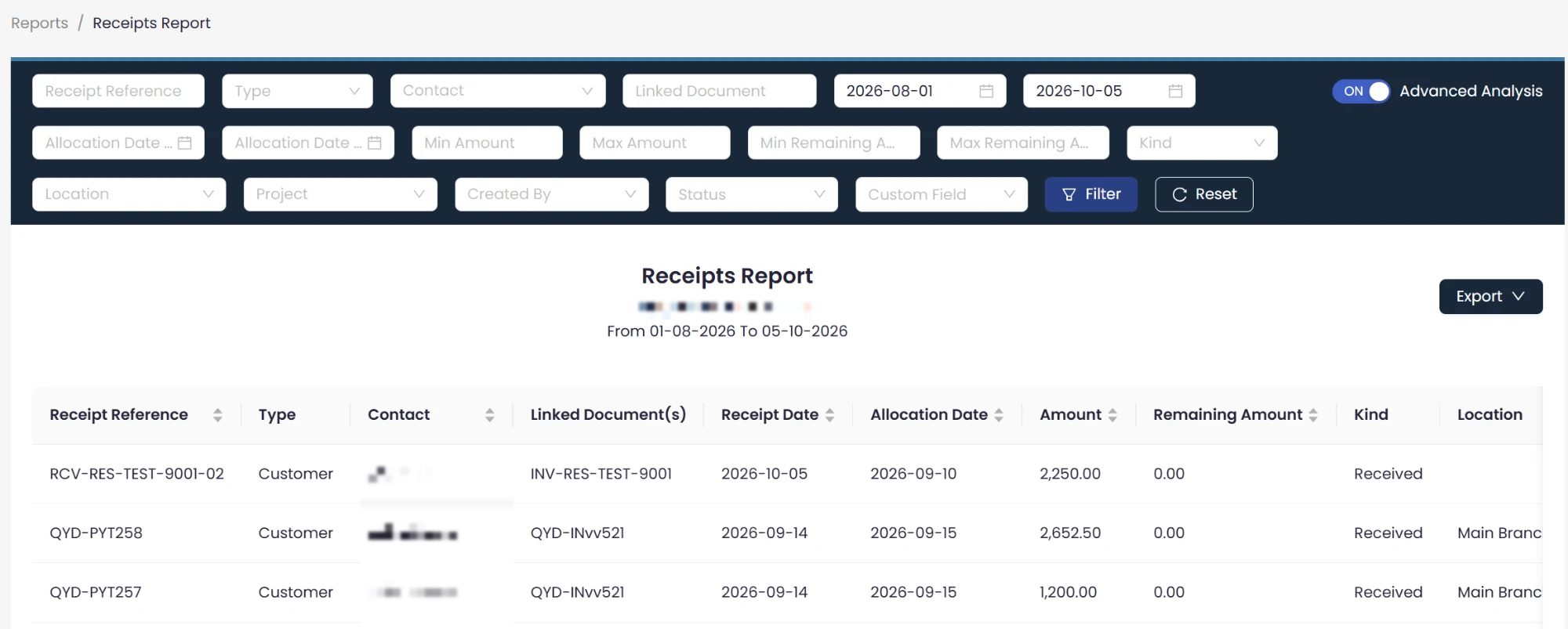 en report advanced Receipts Report: Every Customer and Vendor Receipt in One Report | Qoyod The Receipts Report with Advanced Analysis turned on, showing extra filters for allocation date, amount range, remaining amount, location, project, creator and status