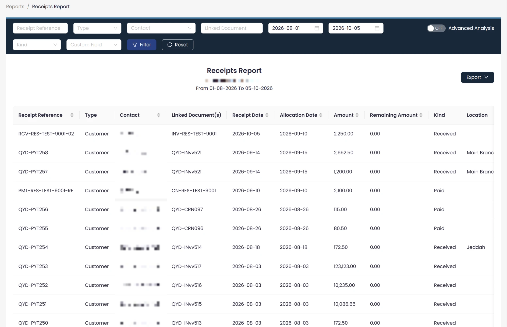 en report Receipts Report: Every Customer and Vendor Receipt in One Report | Qoyod The Receipts Report in Qoyod listing customer and vendor receipts with linked documents, receipt and allocation dates, amount, remaining amount and location