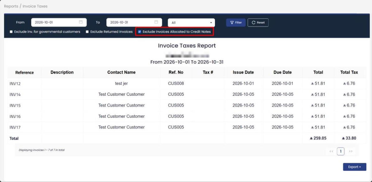 invoice taxes report exclude credit notes en Exclude Invoices Allocated to Credit Notes from the Invoice Taxes Report | Qoyod The Invoice Taxes Report in Qoyod with the Exclude Invoices Allocated to Credit Notes option turned on