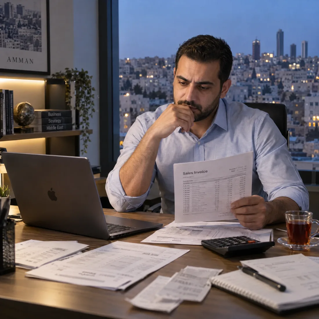 صاحب منشأة في عمّان يراجع فاتورة مبيعات على مكتبه مساءً