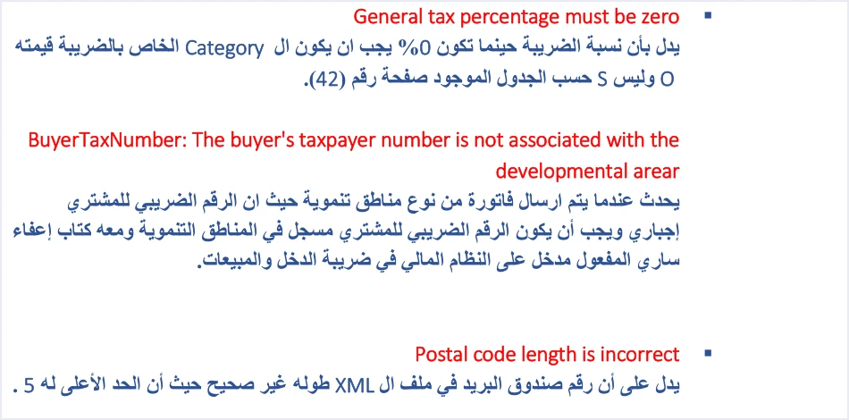 jofotara 400 messages tax buyer postal التحقق قبل الإرسال إلى نظام الفوترة الوطني: قائمة فحص | قيود تتمة رسائل 400 في الدليل التقني: General tax percentage must be zero ورسالة BuyerTaxNumber للمناطق التنموية وPostal code length is incorrect، ولا طمس فيه