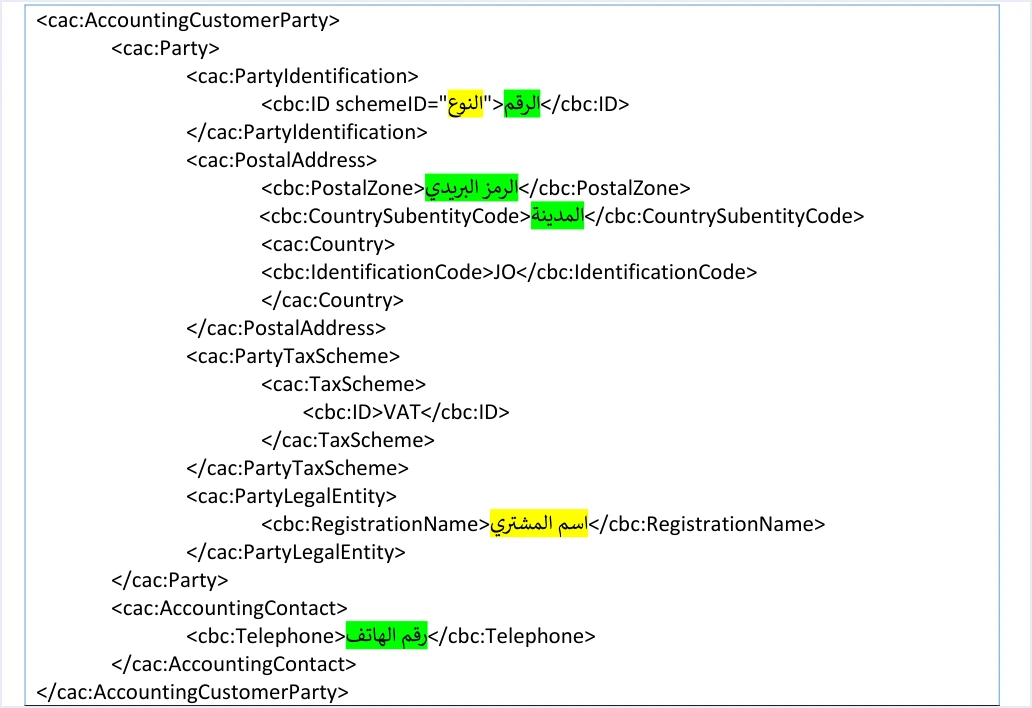 jofotara country subentity code in buyer block رموز المحافظات في فاتورة نظام الفوترة الوطني: القائمة كاملة | قيود موضع CountrySubentityCode داخل PostalAddress في قالب بيانات المشتري بالدليل التقني، وقيمته «المدينة» مظللة بالأخضر (اختياري)