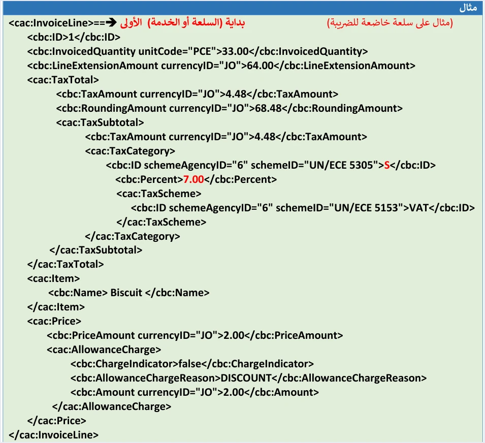 jofotara gst invoice taxable line مثال XML لفاتورة مبيعات نقدية في نظام الفوترة الوطني مشروحًا | قيود مثال البند الأول في فاتورة المبيعات العامة «مثال على سلعة خاضعة للضريبة»: الكمية وسعر الوحدة والخصم وLineExtensionAmount، ثم TaxTotal وTaxSubtotal بالفئة S ونسبة الضريبة، ولا طمس فيه