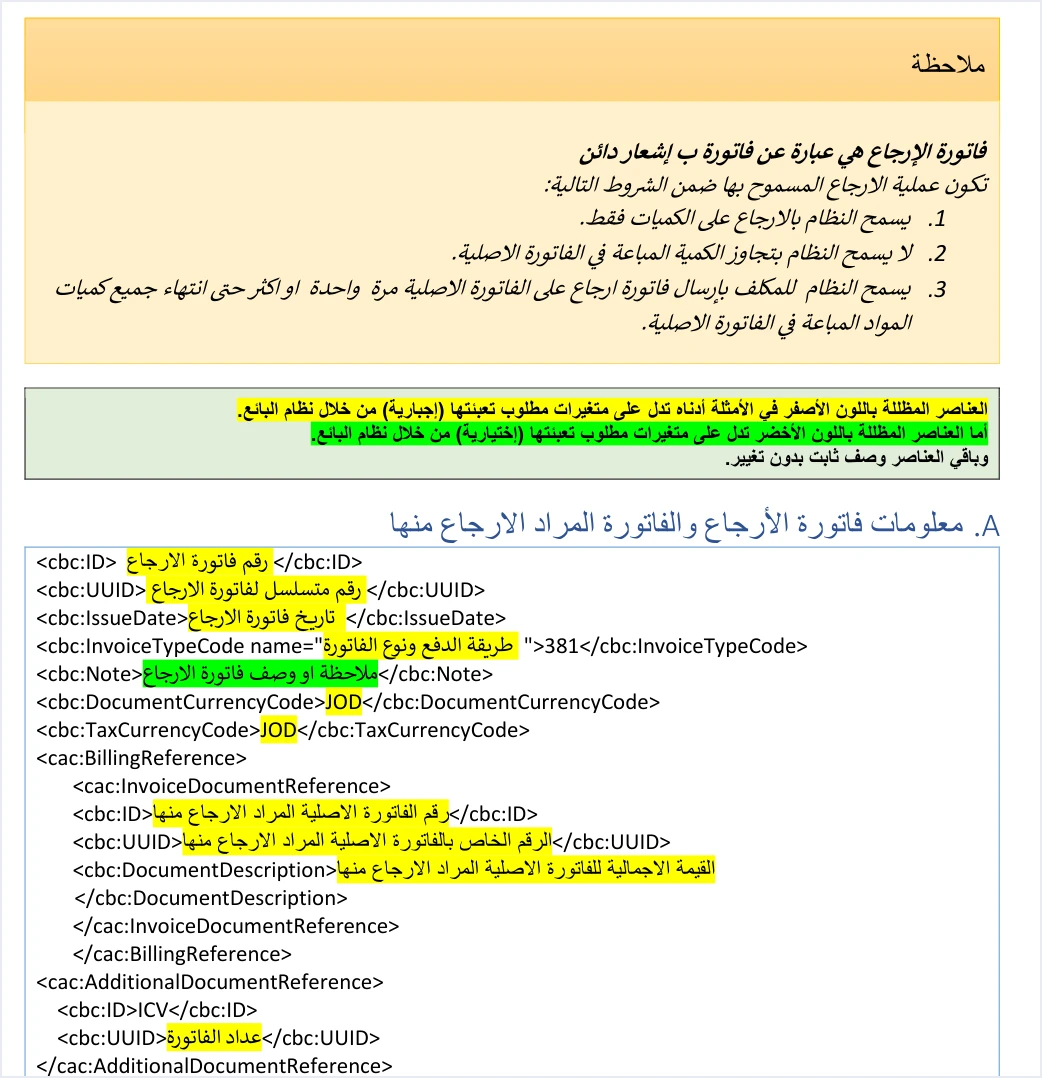 jofotara income return header billing reference template مثال XML لإرجاع فاتورة الدخل في نظام الفوترة الوطني مشروحًا | قيود ملاحظة الدليل التقني عن فاتورة الإرجاع وشروطها الثلاثة، ثم قالب معلومات فاتورة إرجاع الدخل: 381 وNote وJOD وBillingReference برقم الأصلية ورقمها الخاص وقيمتها الإجمالية وICV، والقيم عبارات وصفية، ولا طمس فيه