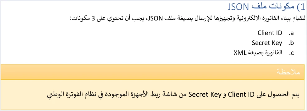 jofotara json three components ترميز Base64 في نظام الفوترة الوطني: ملف الفاتورة داخل JSON | قيود مكونات ملف JSON الثلاثة في الدليل التقني: Client ID وSecret Key والفاتورة بصيغة XML، مع ملاحظة الحصول على Client ID وSecret Key من شاشة ربط الأجهزة في نظام الفوترة الوطني