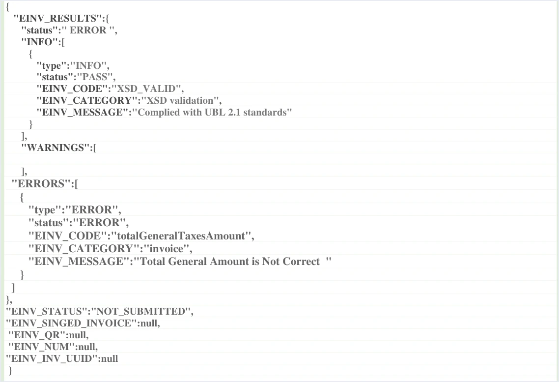 jofotara not submitted total general amount json رسالة Total General Amount is Not Correct في نظام الفوترة الوطني: أسبابها وطريقة إصلاحها | قيود ملف استجابة JSON بحالة NOT_SUBMITTED وخطأ EINV_CODE totalGeneralTaxesAmount ورسالة Total General Amount is Not Correct