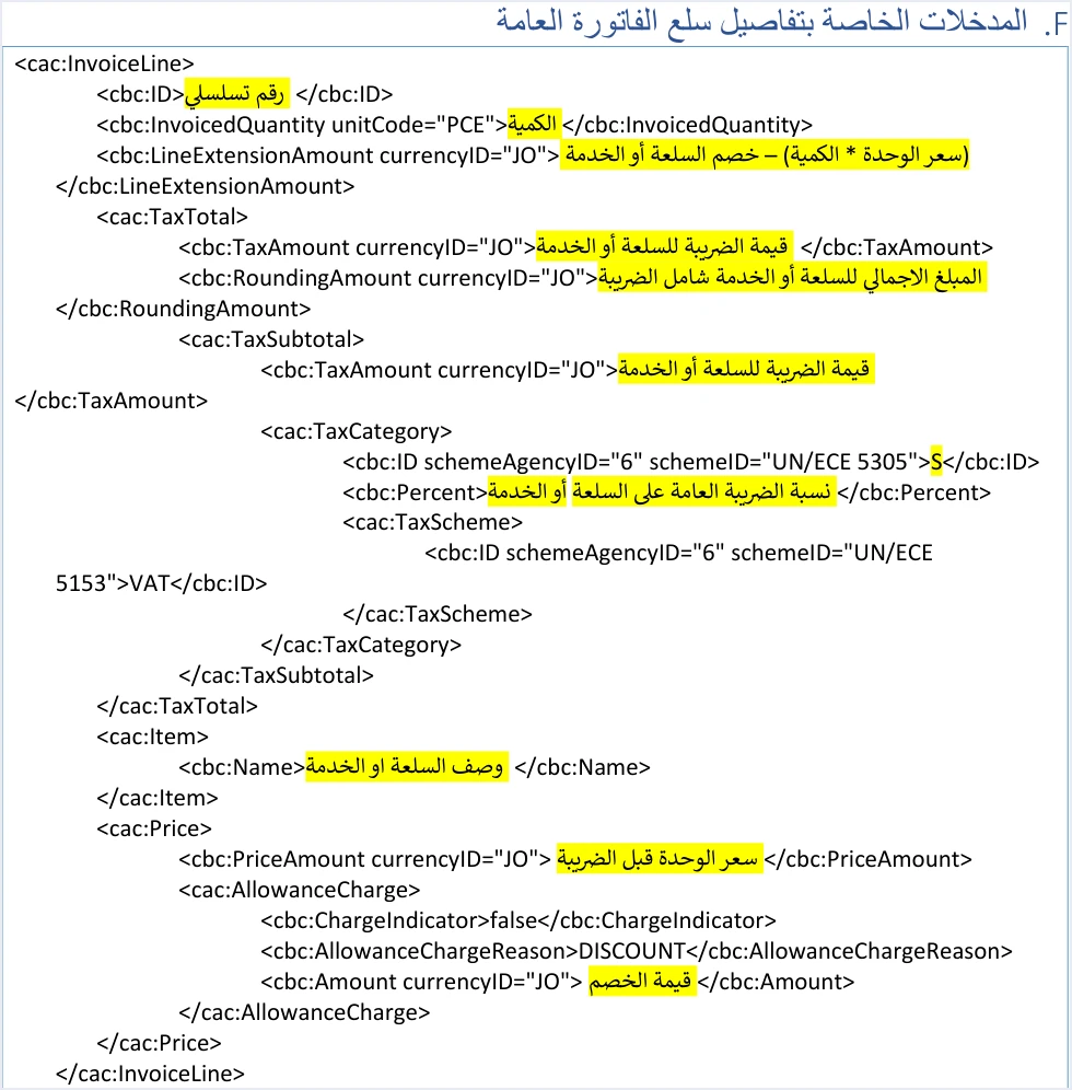 jofotara sales invoice line template بنود الفاتورة InvoiceLine في نظام الفوترة الوطني وقيودها | قيود قالب InvoiceLine للفاتورة العامة في الدليل التقني: ID رقم تسلسلي وInvoicedQuantity بوحدة PCE وLineExtensionAmount، ثم TaxTotal بقيمة الضريبة وRoundingAmount وTaxSubtotal بالفئة S والنسبة، وسعر الوحدة قبل الضريبة والخصم في AllowanceCharge