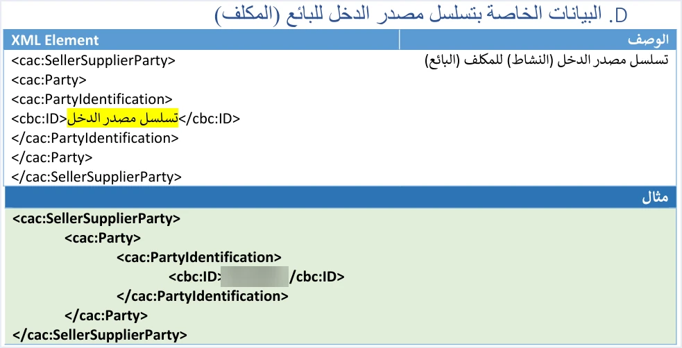 jofotara seller income source mandatory field الحقول الإجبارية والاختيارية في نظام الفوترة الوطني: كيف تقرأ تظليل الدليل التقني | قيود قالب تسلسل مصدر الدخل للبائع في الدليل التقني: القيمة المظللة بالأصفر متغير إجباري وباقي العناصر وصف ثابت، مع مثال قيمته مطموسة