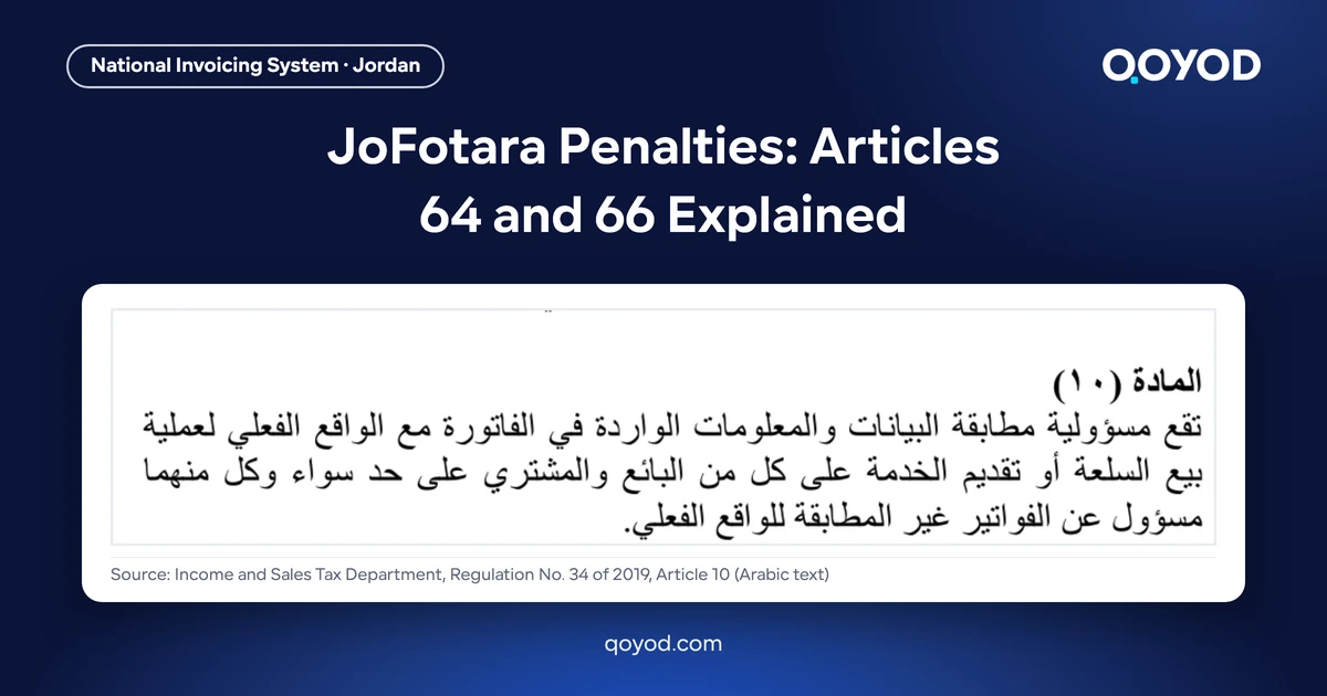 JoFotara Penalties: Articles 64 and 66 Explained, with the Arabic text of Article 10 of Regulation No. 34 of 2019 on Organizing and Controlling Invoicing Affairs, which makes the seller and the buyer alike responsible for the invoice matching the facts
