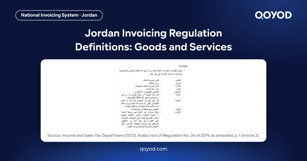 Jordan Invoicing Regulation Definitions: Goods and Services - page of the Arabic text of Regulation No. 34 of 2019 showing paragraph (A) of Article 2 and its definitions, nothing blurred