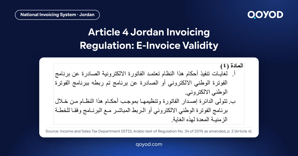 Article 4 Jordan Invoicing Regulation: E-Invoice Validity - page 2 of the Arabic text of Regulation No. 34 of 2019 showing paragraphs (a) and (b) of Article 4, nothing blurred
