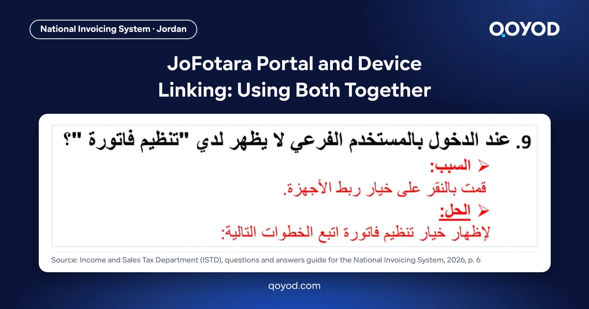 JoFotara portal and device linking: question 9 of ISTD's Arabic questions and answers guide, on the Issue an invoice option disappearing after device linking is clicked