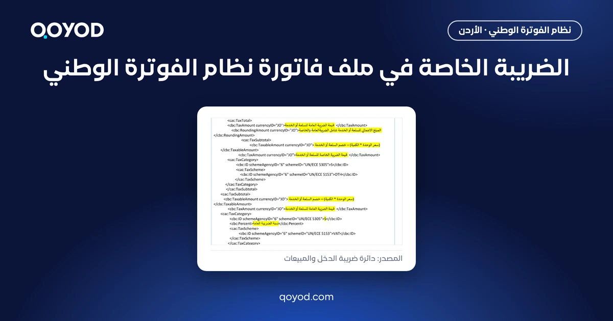 الضريبة الخاصة في ملف فاتورة نظام الفوترة الوطني: كتلة TaxSubtotal بمخطط OTH قبل كتلة ضريبة المبيعات العامة، من الدليل التقني لدائرة ضريبة الدخل والمبيعات