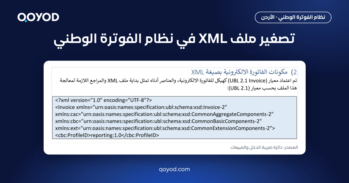 تصغير ملف XML في نظام الفوترة الوطني: بداية ملف الفاتورة في الدليل التقني، لقطة من دليل دائرة ضريبة الدخل والمبيعات