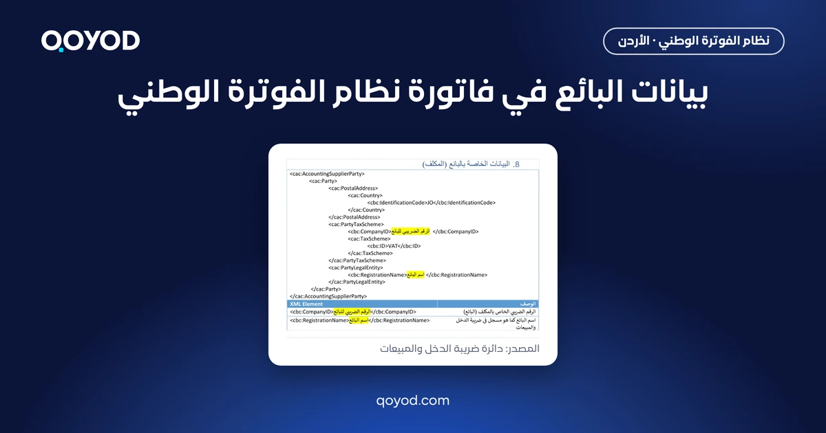 بيانات البائع في فاتورة نظام الفوترة الوطني: قالب AccountingSupplierParty من الدليل التقني لدائرة ضريبة الدخل والمبيعات