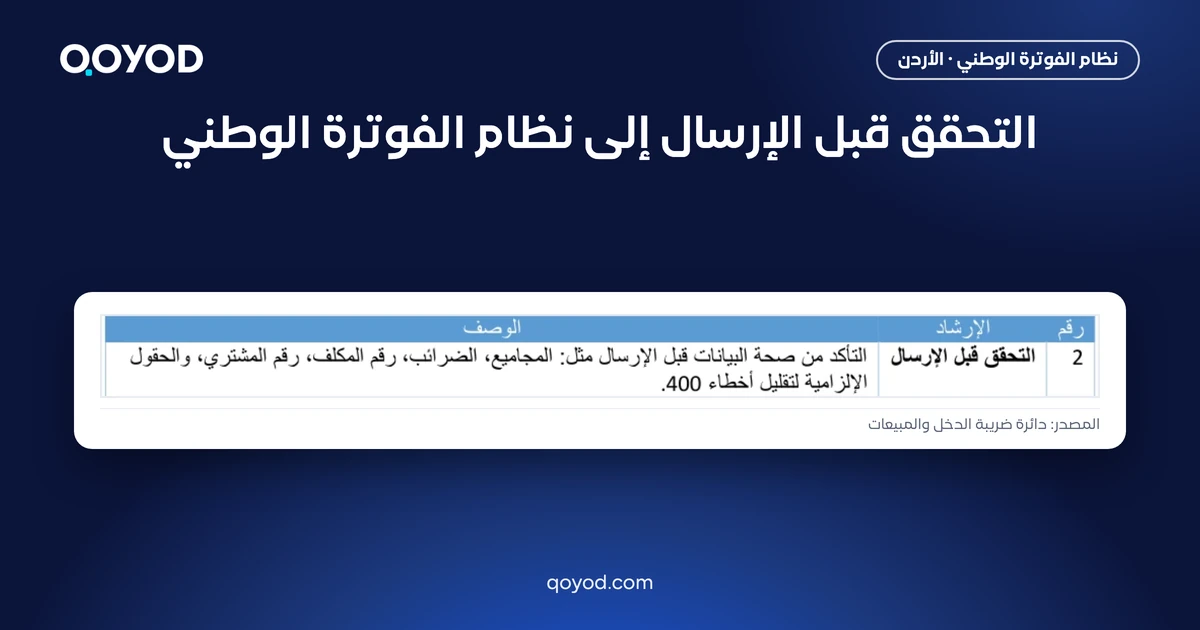 التحقق قبل الإرسال إلى نظام الفوترة الوطني، الإرشاد الثاني في الدليل التقني لدائرة ضريبة الدخل والمبيعات