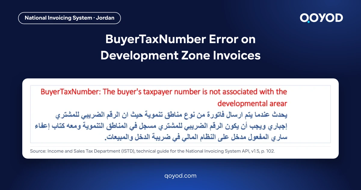 BuyerTaxNumber Error on Development Zone Invoices - page 102 of the Arabic ISTD technical guide showing the BuyerTaxNumber message explanation, nothing blurred