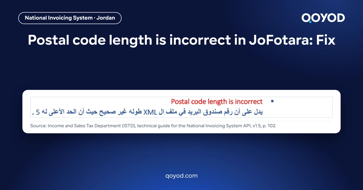 Postal code length is incorrect in JoFotara: the ISTD technical guide line explaining the message, that the postal box number in the XML file has an incorrect length with a maximum of 5, on a Qoyod card