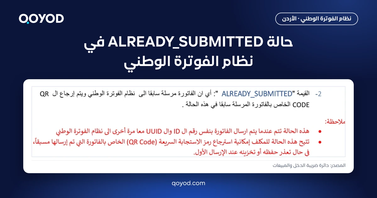 حالة ALREADY_SUBMITTED في نظام الفوترة الوطني - لقطة من دليل دائرة ضريبة الدخل والمبيعات