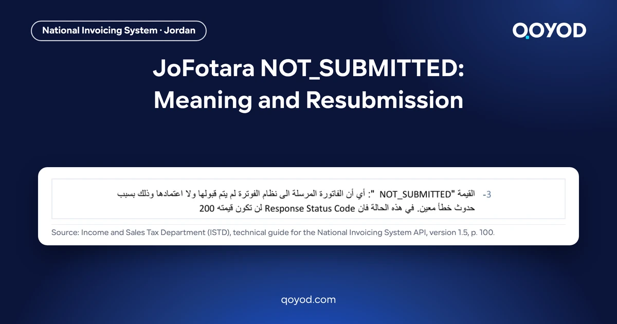 JoFotara NOT_SUBMITTED: Meaning and Resubmission - page 100 of the Arabic ISTD technical guide defining the NOT_SUBMITTED value: the invoice was neither accepted nor approved because an error occurred, and the Response Status Code will not be 200, nothing blurred