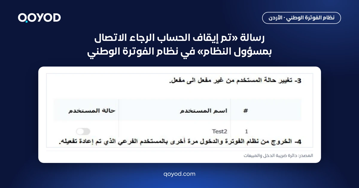 رسالة تم إيقاف الحساب الرجاء الاتصال بمسؤول النظام في نظام الفوترة الوطني، مع لقطة مفتاح حالة المستخدم من دليل دائرة ضريبة الدخل والمبيعات