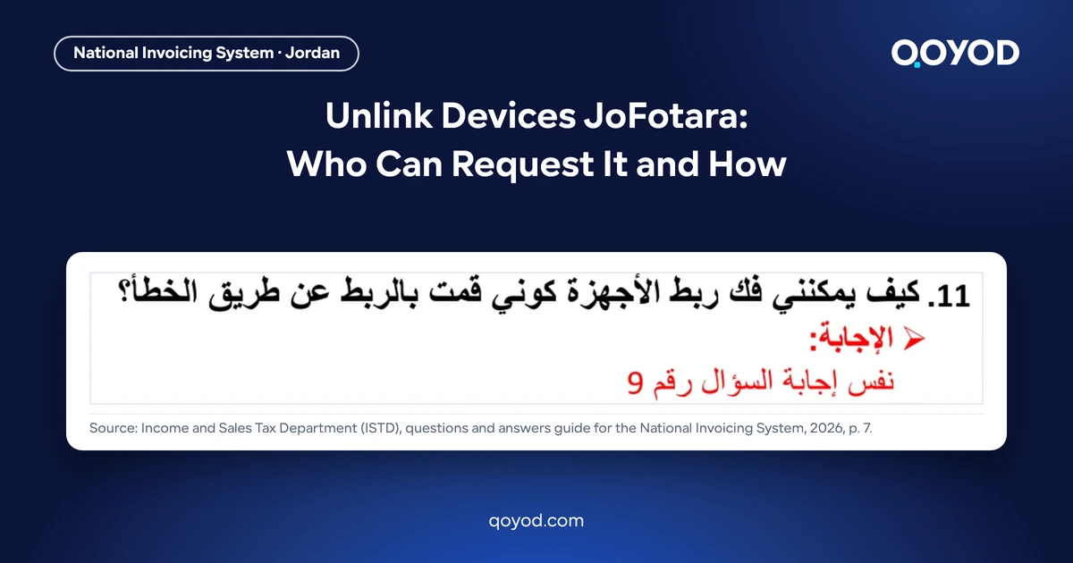 Unlink devices JoFotara: question 11 of the Arabic ISTD questions and answers guide, how to unlink devices linked by mistake, answered as question 9, on a Qoyod card