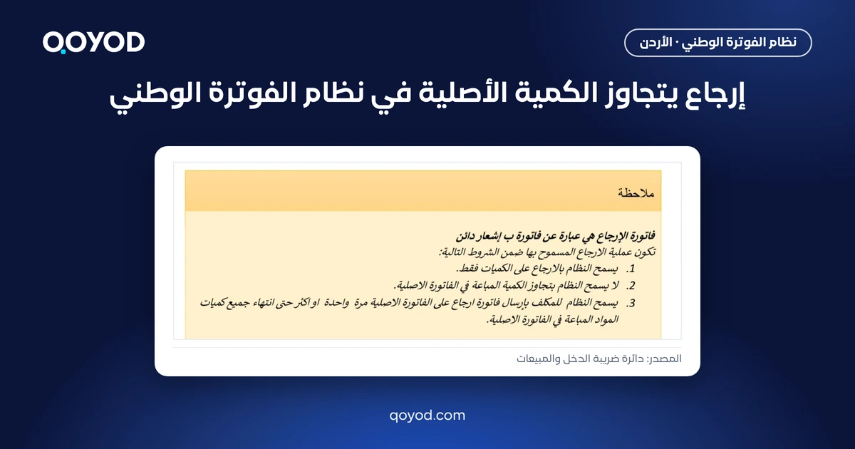 إرجاع يتجاوز الكمية الأصلية في نظام الفوترة الوطني: شروط الإرجاع في الدليل التقني الصادر عن دائرة ضريبة الدخل والمبيعات