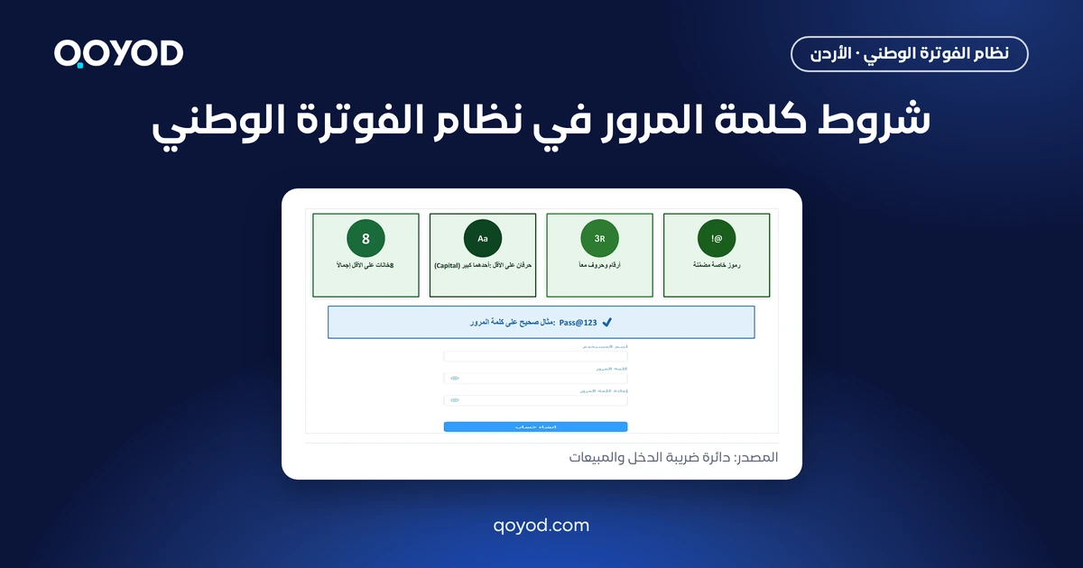 شروط كلمة المرور في نظام الفوترة الوطني كما يعرضها دليل الانضمام الصادر عن دائرة ضريبة الدخل والمبيعات