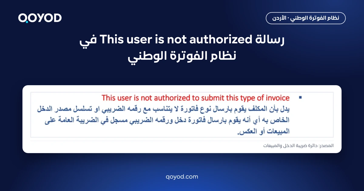 رسالة This user is not authorized في نظام الفوترة الوطني - لقطة من دليل دائرة ضريبة الدخل والمبيعات