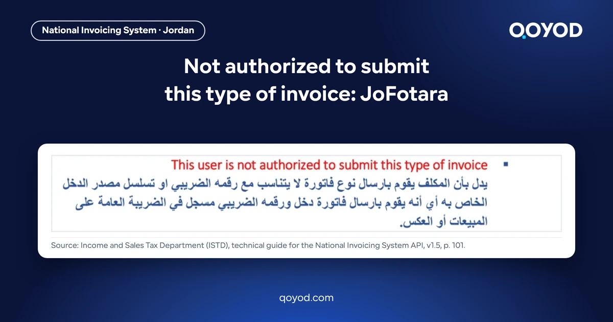 Not authorized to submit this type of invoice: JoFotara - page 101 of the Arabic ISTD technical guide explaining the message, nothing blurred