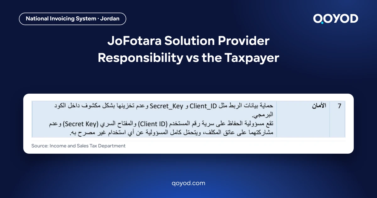 JoFotara Solution Provider Responsibility vs the Taxpayer. Screenshot of guideline 7, security, in the Arabic technical guide placing confidentiality of the Client ID and Secret Key on the taxpayer, nothing blurred, source Income and Sales Tax Department