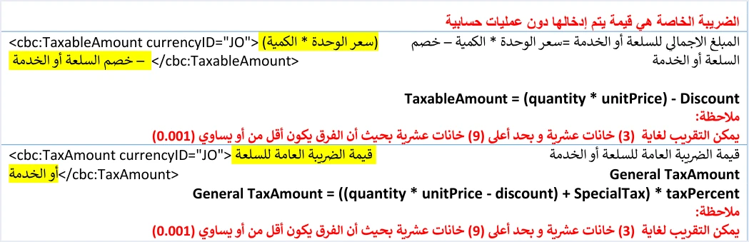 jofotara special tax amount entered without calculation مثال XML لفاتورة بضريبة خاصة في نظام الفوترة الوطني | قيود ملاحظة الدليل التقني «الضريبة الخاصة هي قيمة يتم إدخالها دون عمليات حسابية»، ثم صف TaxableAmount = (quantity * unitPrice) − Discount، ثم صف General TaxAmount = ((quantity * unitPrice − discount) + SpecialTax) * taxPercent، مع حد التقريب 0.001، ولا طمس فيه