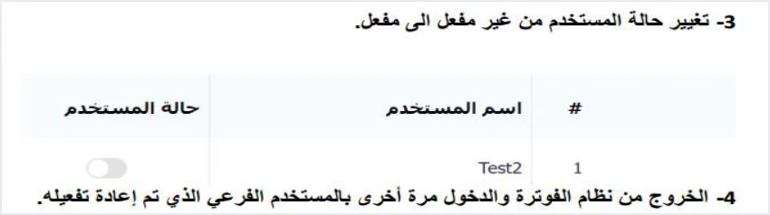 jofotara sub user status toggle رسالة تم إيقاف الحساب الرجاء الاتصال بمسؤول النظام في نظام الفوترة الوطني | قيود الخطوة الثالثة: جدول المستخدمين الفرعيين بعمودي اسم المستخدم وحالة المستخدم، ومفتاح الحالة غير مفعل للمستخدم التجريبي Test2