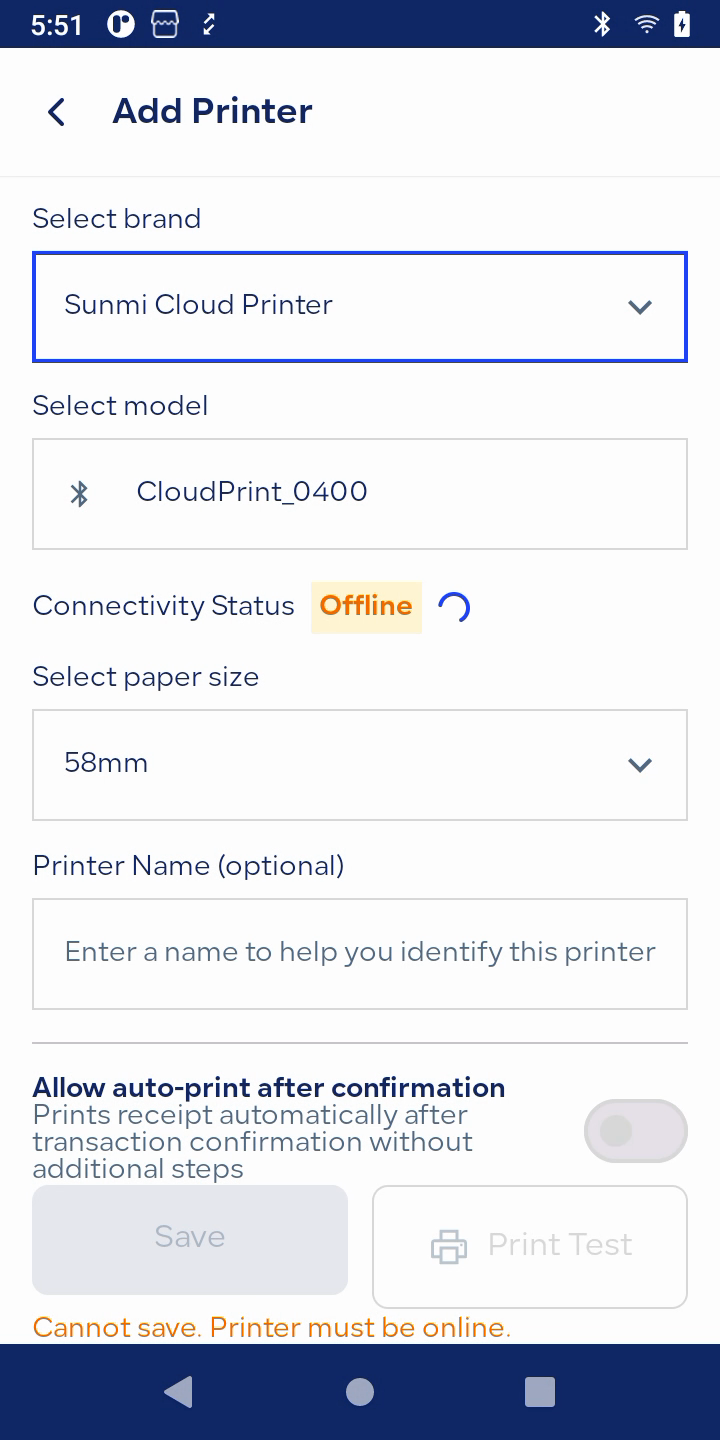 pos printer offline cannot save دعم أوسع للطابعات وتنبيهات اتصال الطابعة في نقاط البيع | قيود شاشة إضافة طابعة تعرض حالة الاتصال غير متصلة ورسالة تمنع الحفظ حتى تتصل الطابعة