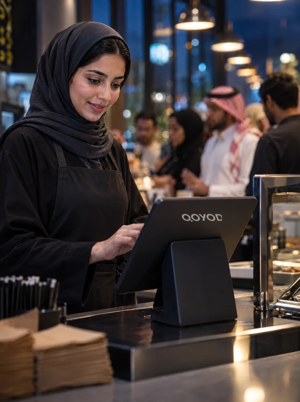 كاشيرة في ساعة الذروة تستمر في تسجيل الطلبات على جهاز قيود فليفرز كاشيرة في ساعة الذروة تستمر في تسجيل الطلبات على جهاز قيود فليفرز