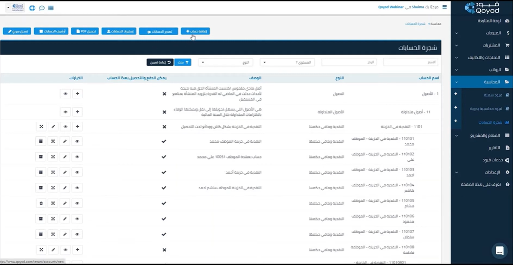 إضافة حساب جديد في برنامج قيود المحاسبي السحابي | شجرة الحسابات